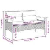 Градинска пейка с възглавници, 116x62,5x74 см, сив, полиратан - VL368402 - Thumbnail 9