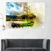 Акварел на лодка в езерото - картина пано за стена - Thumbnail 1