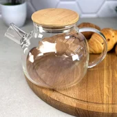 Стъклен чайник с метална цедка и бамбуков капак 1 л - Thumbnail 1