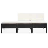 Градински комплект с кремави възглавници, 3 части, черен полиратан - Thumbnail 2